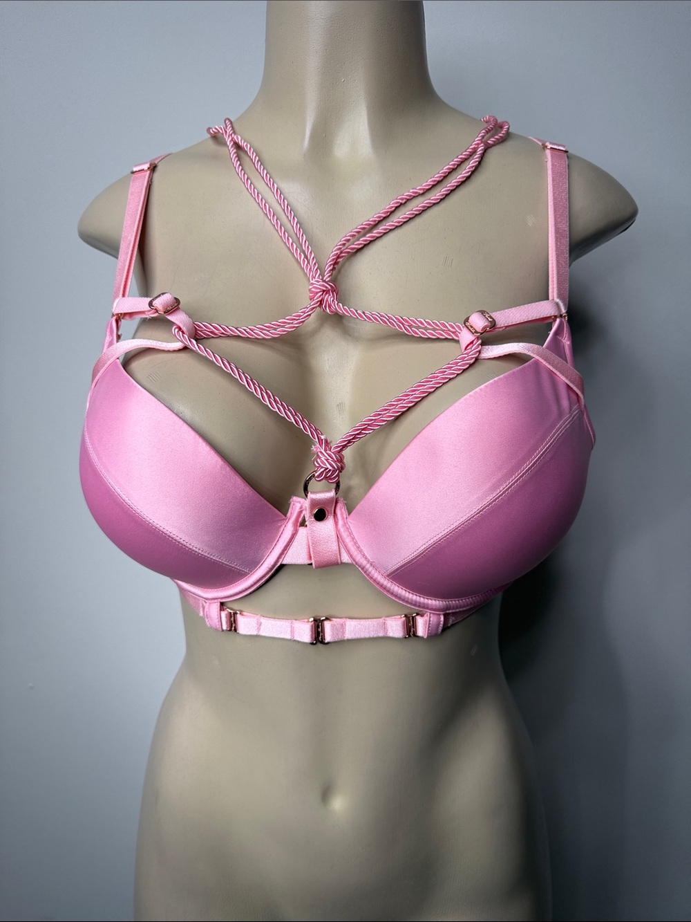 Honey Birdette Shibari Pink Satin Push-Up Bra with Rope Harness